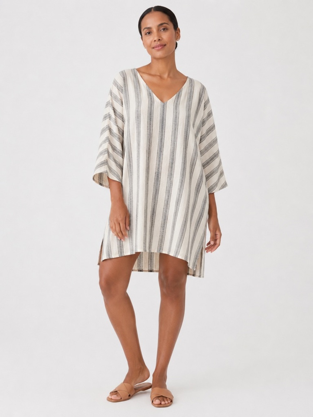 Eileen Fisher Striped Linen Blend Tunic Dress LG Oversized Beige Gray 3/4 Sleeve